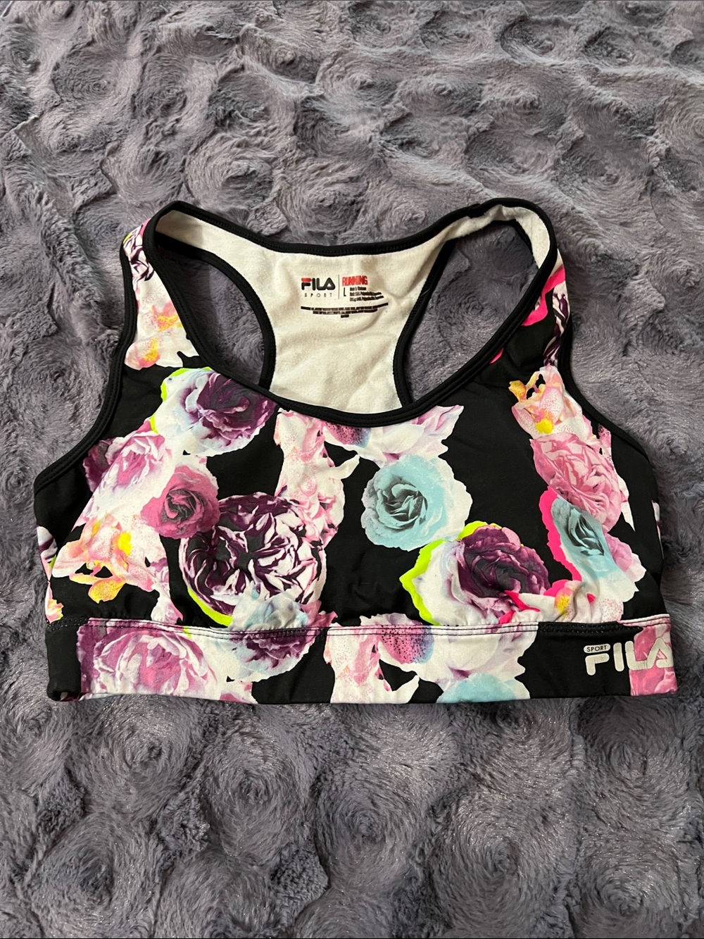 FILA Black Floral Racerback Sports Bra with Multicolor Roses